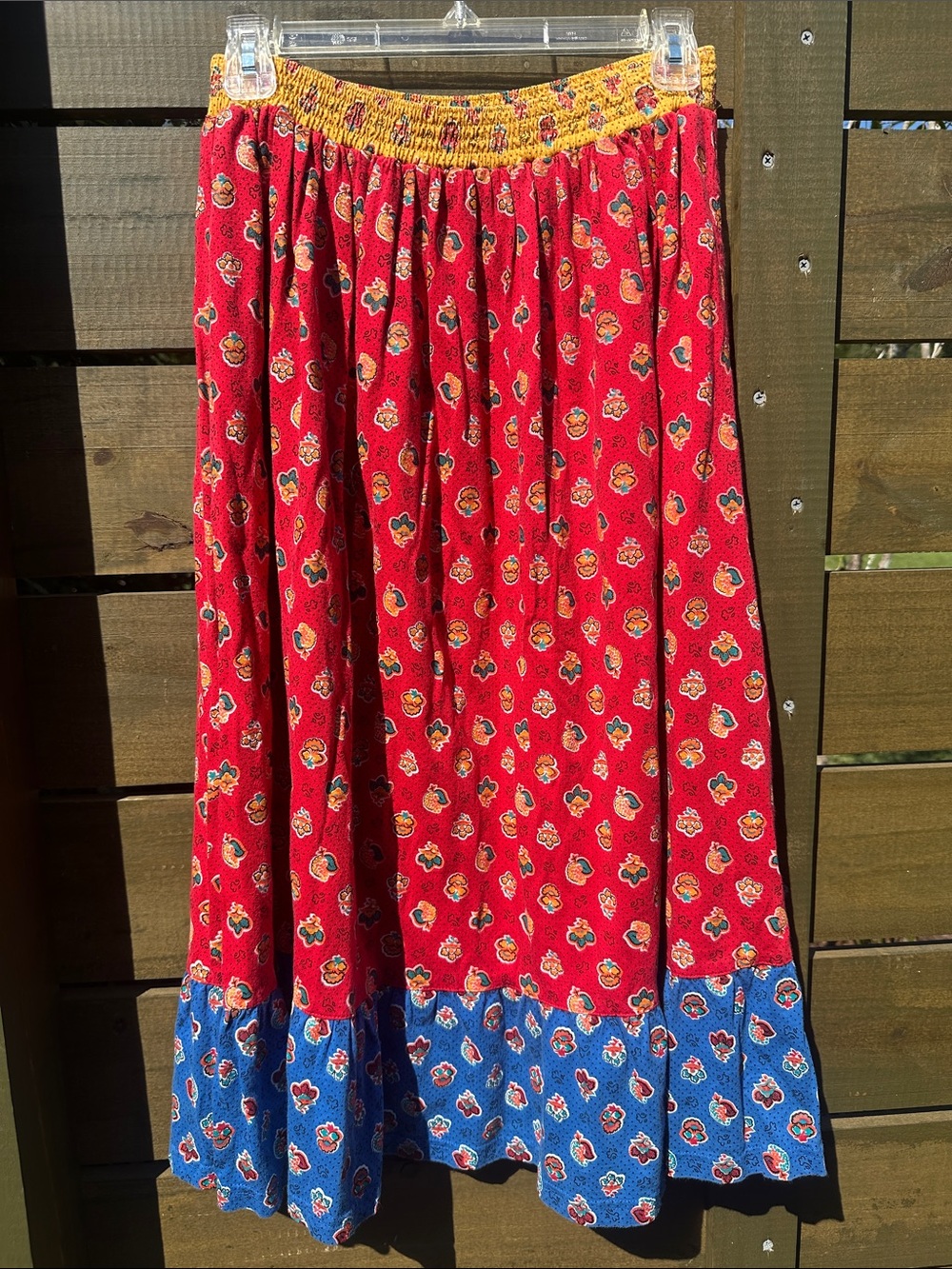 Red Floral Maxi Skirt with Blue Hem
